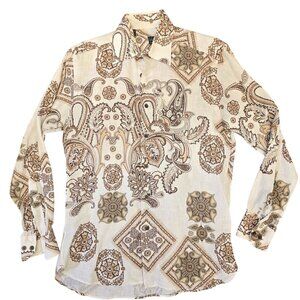 Ike Behar Mens 100% cotton Paisley Geometric Long Sleeve Shirt Sz S Beige Brown